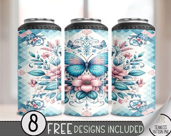 Blue Butterfly 4 in 1 Can Cooler Wrap, Geometric Sublimation Design, Pink 16 Oz Slim, Pretty 4in1 Tumbler PNG, Floral 16 Oz Can Cooler