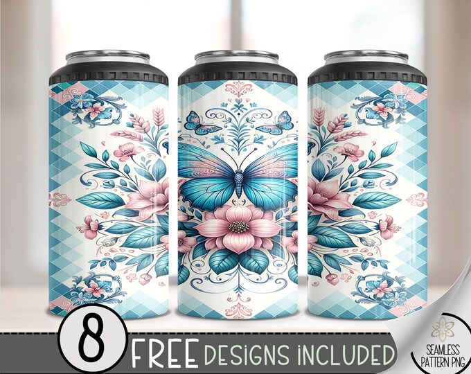 Blue Butterfly 4 in 1 Can Cooler Wrap, Geometric Sublimation Design, Pink 16 Oz Slim, Pretty 4in1 Tumbler PNG, Floral 16 Oz Can Cooler