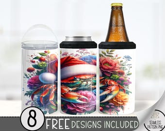 Christmas Crab 4in1 Can Cooler Design, Blue Crab Sublimation Design, Floral 4 In 1 Can Cooler, Santa Hat 16 oz Can Holder Design Wrap