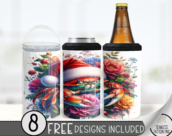 Christmas Crab 4in1 Can Cooler Design, Blue Crab Sublimation Design, Floral 4 In 1 Can Cooler, Santa Hat 16 oz Can Holder Design Wrap