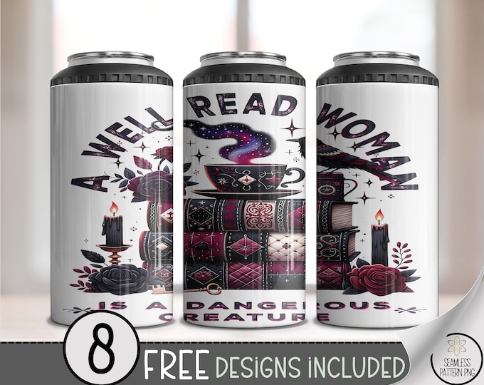 A Well Read Woman PNG - Vintage Book And Tea 4-in-1 Can Cooler Wrap, Witchy Gothic Art, Dark Academia Inspired Sublimation Design, B866