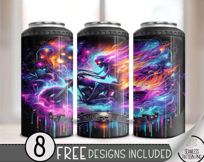 Motorcycle Can Cooler Wrap, Flaming Skull 16 oz 4-in-1 Cooler Sublimation, Biker Design File, Neon Skeleton Can Cooler PNG Wrap, Ride Or Die