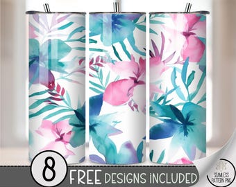 Watercolor Floral Tumbler Wrap PNG, 20oz Skinny Sublimation Design, Tropical Botanical Wrap, Summer Flower Printable Tumbler Design, A278