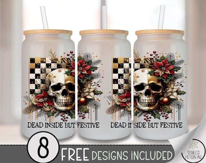 Festive Skull Glass Can Wrap, Dark 16oz Glass Tumbler Sublimation Design, Digital Download, Checkered Floral Skull Art PNG File A477