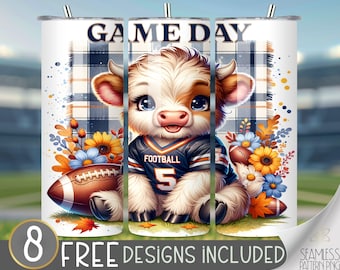 Football highland cow tumbler wrap, fall 20 oz skinny tumbler sublimation, football tumbler design, cute football cow tumbler file