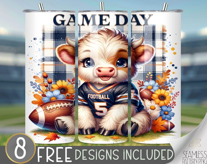Football highland cow tumbler wrap, fall 20 oz skinny tumbler sublimation, football tumbler design, cute football cow tumbler file