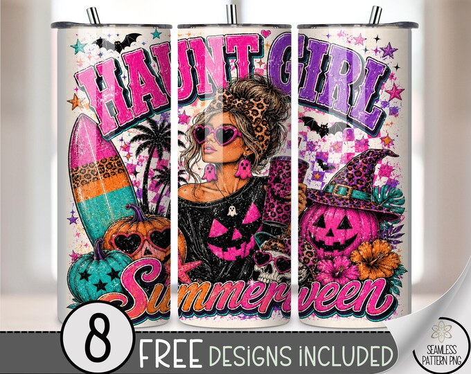 Summerween 20 oz Tumbler Wrap, Bold Sublimation Design for Straight Tumblers, Glam Haunt Girl PNG Files, Digital Download, B10389