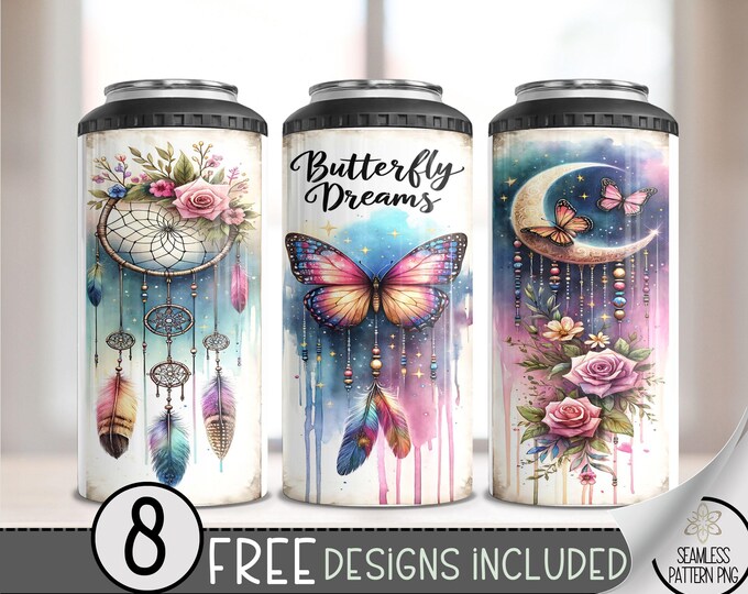 Boho Dreamcatcher Can Cooler Wrap, Butterfly Floral 16 oz 4-in-1 Cooler Sublimation, Celestial Moon Design, Ethereal Can Wrap, A94