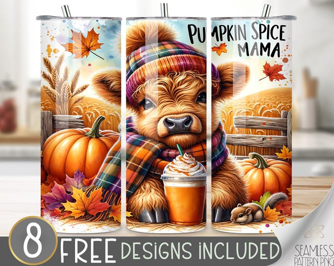 Highland Cow Tumbler Wrap, Pumpkin Spice Mama 20 oz Tumbler Sublimation Designs, Pumpkin Cow Tumbler File, Cute Highland Cow Tumbler Design