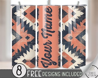 Add Your Own Name Faded Southwestern Tumbler Wrap, 20 oz Aged Western Tumbler File, Digital Aztec Tumbler Wrap Design Download, Boho Cowgirl