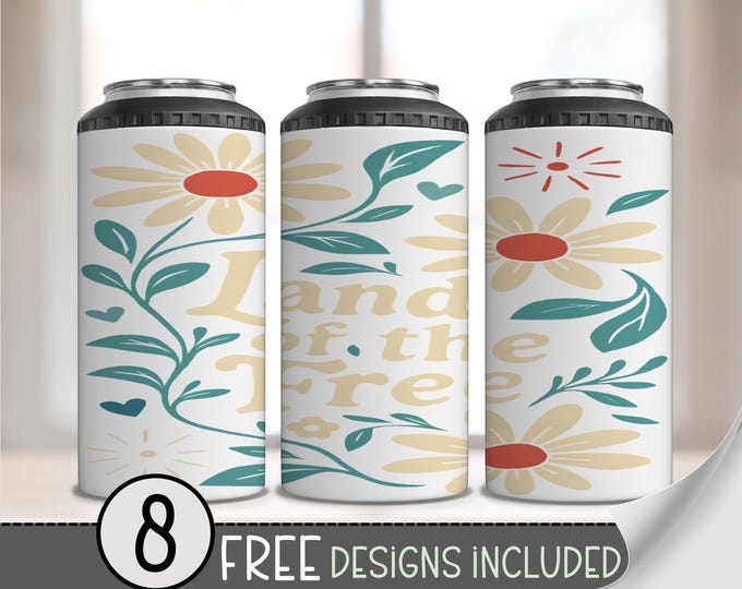 4-in-1 Can Cooler Wrap PNG, Land of the Free Patriotic Wrap, Vintage Floral USA Sublimation July 4th Can Holder, Summer 4 in 1 Can Wrap A255