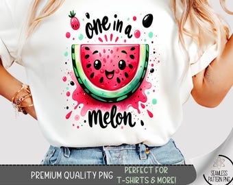 One in a Melon T-Shirt PNG, Kawaii Watermelon Slice with Smiley Face Sublimation Tee, Cute Summer Fruit Tee Design for Kids and Adults, A371