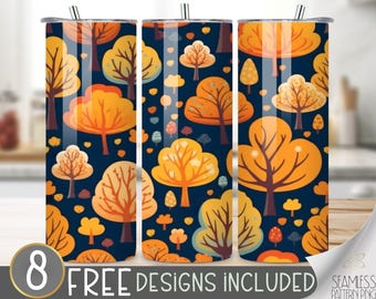 Fall Leaves Tumbler Wrap, Autumn Tree Sublimation Tumbler Design Digital Download PNG, Fall Foliage 20 OZ Skinny Wrap Seamless Design