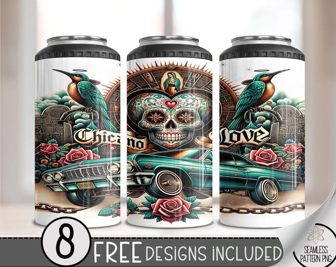 LA Lowrider Chicano Cholo 4in1 Can Cooler Wrap, Floral 4 in 1 Tumbler PNG, LA Sugar Skull 16 Oz Can Cooler Sublimation Design, Skeleton Png
