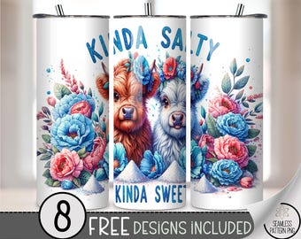 20oz Tumbler Wrap Kinda Salty Kinda Sweet PNG, Highland Cow and Llama Floral Sublimation, Funny Farm Animal Wrap, Pastel Flowers PNG, A360
