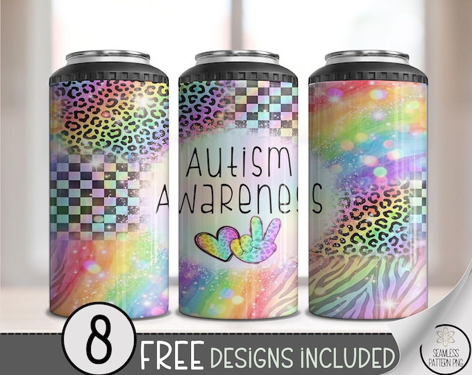 Autism Awareness 4-in-1 Can Cooler Wrap, ASL Love You Sublimation Design, Rainbow Bright 16 oz 4-in-1 File, Patchwork Patterns B10138
