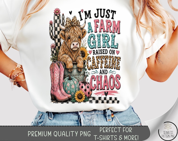 Farm Girl Raised on Caffeine and Chaos, Highland Cow T-Shirt PNG Sublimation Design, Digital Download, B10345