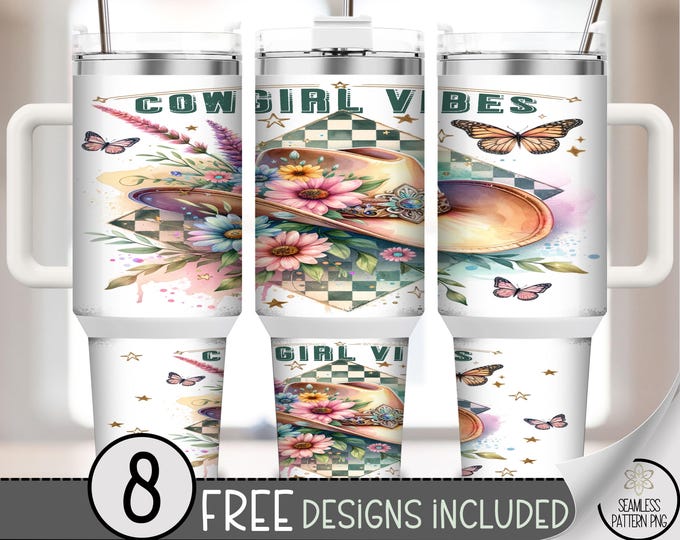 40oz Cowgirl Vibes Tumbler Wrap, Western Floral Hat Sublimation PNG, Boho Butterfly Design, Rustic Country Girl Tumbler Wrap for Fall, A366
