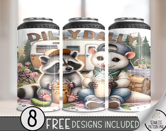 Dilly Dally 4 in 1 Can Cooler Wrap, Raccoon Coffee Sublimation Design, Procrastination Humor 4in1 Tumbler PNG,Funny Opossum 16 Oz PNG, A157