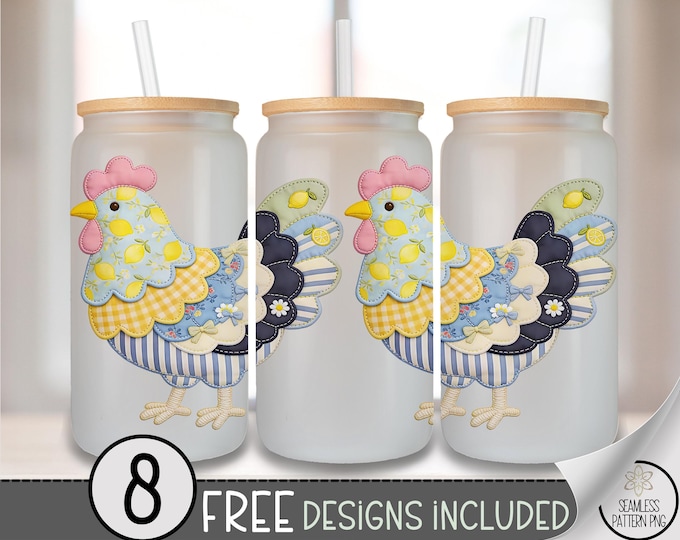 Patchwork Chicken Glass Can Wrap PNG, Lemon Farmhouse Sublimation Design (Digital Download) B10127