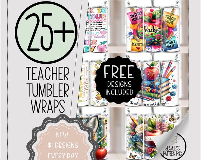Teacher Tumbler Bundle 20 oz PNG, Sublimation Designs for Teacher Appreciation, Digital Add Your Name Custom Wraps, Back To School A199