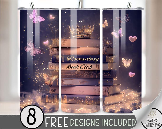 Romantasy Book Club Tumbler Wrap, Romance 20oz Skinny Tumbler Sublimation Design, Book Lover Tumbler Wrap, Sparkle Glitter Tea Book Wrap PNG