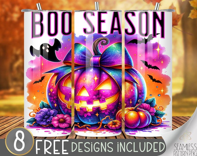 Boo Season Pink Halloween Tumbler Wrap, Neon 20 oz Tumbler Sublimation Design, Pumpkin Tumbler Wrap, Retro Ghost Halloween Tumbler PNG