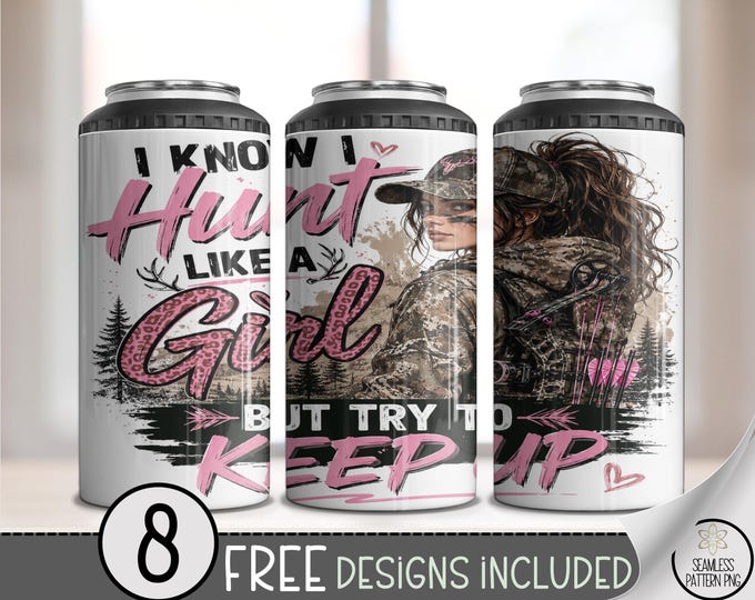 Hunting Girl 4-in-1 Can Cooler Wrap, Pink Camo Sublimation Design, Digital Download, B10419