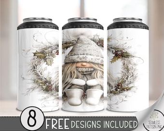 Christmas Gnome 4in1 Can Cooler Wrap, Winter Sublimation Design, Xmas 16 Oz Slim, Cute Gnome 4 in 1 Tumbler PNG, Wreath 16 Oz Can Cooler