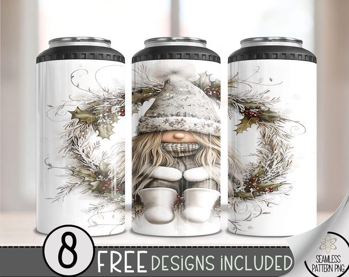 Christmas Gnome 4in1 Can Cooler Wrap, Winter Sublimation Design, Xmas 16 Oz Slim, Cute Gnome 4 in 1 Tumbler PNG, Wreath 16 Oz Can Cooler