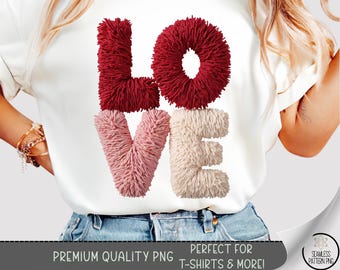 Love T-shirt PNG, Latch Hook Faux Yarn Sublimation Design, Retro Valentine DTF Shirt Graphic, Faux Yarn Lettering TShirt File, A814