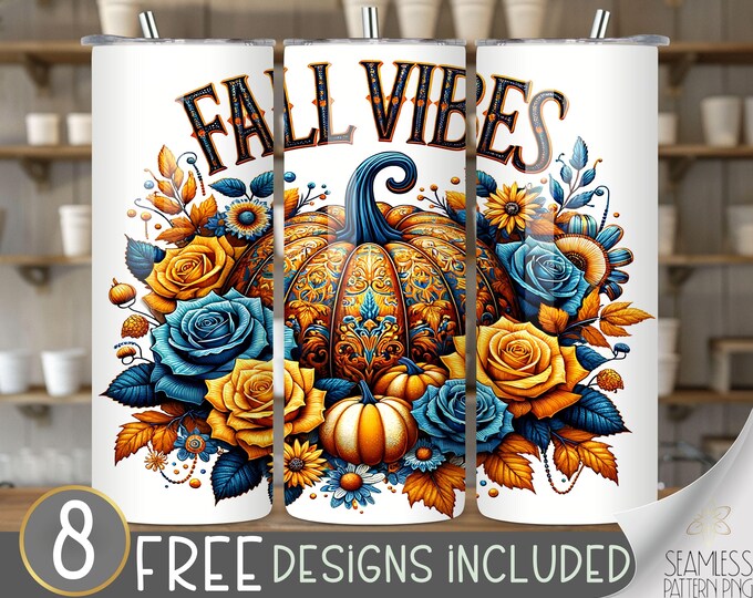 Fall Vibes tumbler wrap, flower tumbler design, pumpkin 20 oz sublimation tumbler, autumn tumbler PNG pumpkin toile tumbler file fall floral