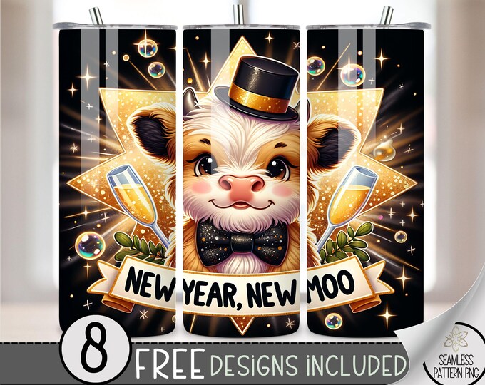 Highland Cow New Year Tumbler Wrap, Love Sublimation Tumbler Wrap, NYE 20Oz Sublimation Wrap, New Years Eve Sublimation Tumbler Design PNG