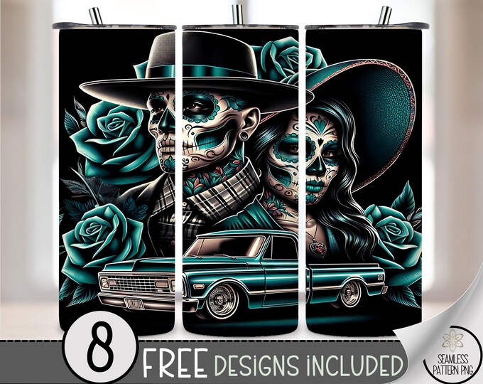 Chicano Sugar Skull Tumbler Wrap PNG, Day of the Dead 20oz Skinny Wrap, Classic Truck Tattoo Sublimation Design File, Lowrider PNG, A257