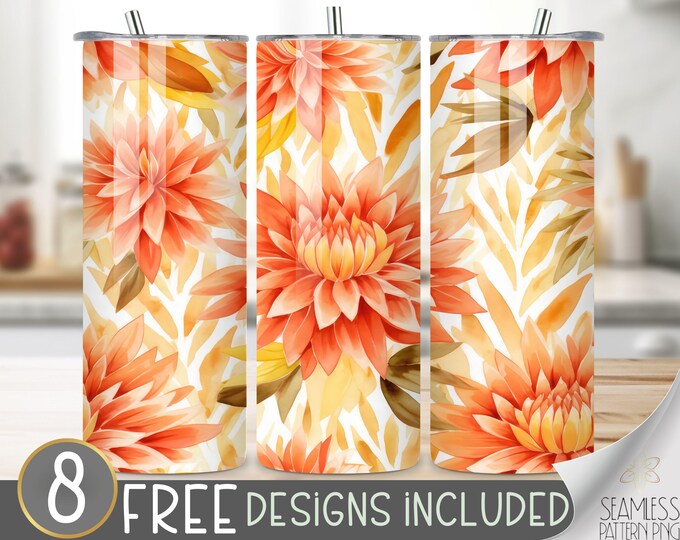Autumn Floral Tumbler Wrap, Fall Dahlia Seamless Design, Autumn Flower Sublimation Tumbler Design PNG, Chrysanthemum 20 OZ Skinny Wrap PNG