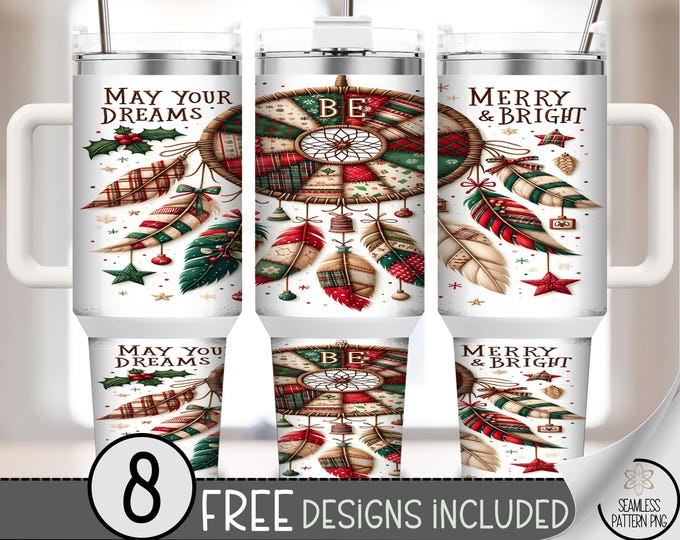 Patchwork 40 oz tumbler wrap: Christmas Dreamcatcher Sublimation Design, Cozy PNG Files, Trendy 40oz Tumbler Design, A495