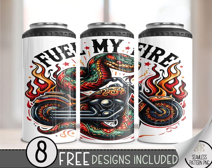 Motorcycle Can Cooler Wrap, Flaming Snake 16 oz 4-in-1 Cooler Sublimation, Biker Design File, Fuel My Fire Can Cooler PNG Wrap