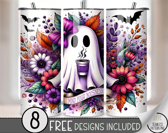 Spooky Floral Ghost 20oz Tumbler Wrap, Halloween Coffee Lover's Design, Boo Tumbler File, Autumn Flowers, Cute Bat Wrap for Fall, A434
