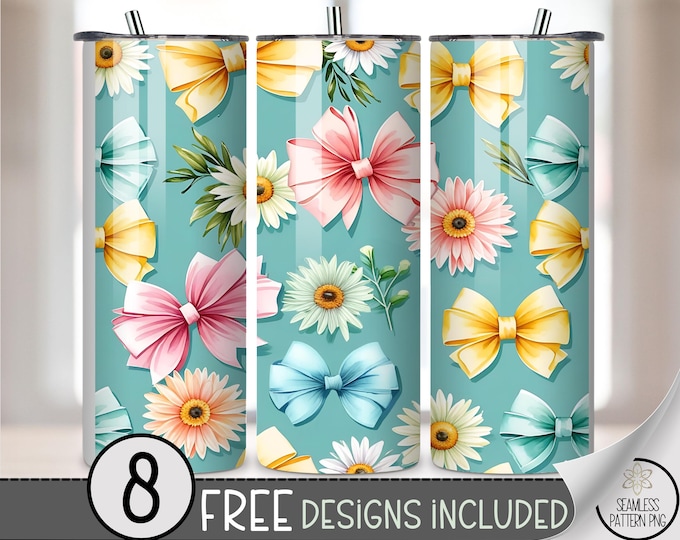 Flowers And Ribbons PNG, Pastel Bows Daisy 20 Oz Tumbler Wrap, Sublimation Design, B925