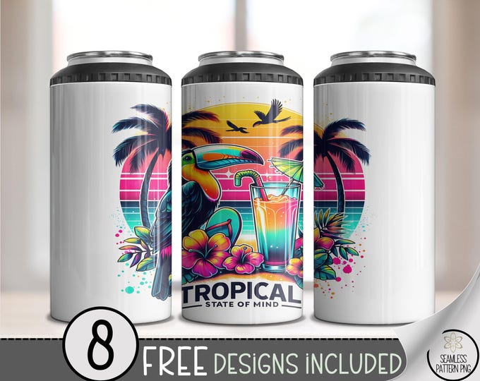 Tropical State of Mind 4-in-1 Can Cooler Wrap, 4in1 Sunset Toucan Drink Summer Sublimation PNG, Summer Cruise Can Cooler Wrap File, A327