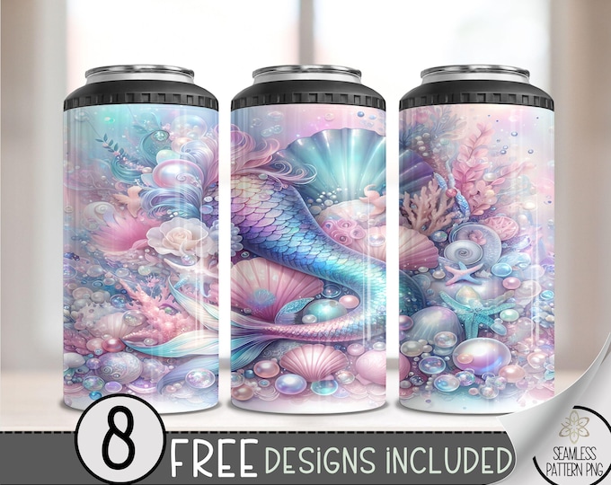 Mermaid Can Cooler Design, Mermaid Sublimation Design, Watercolor Mermaid 4 In 1 Can Cooler, Under The Sea Can Holder Design Summer Wrap