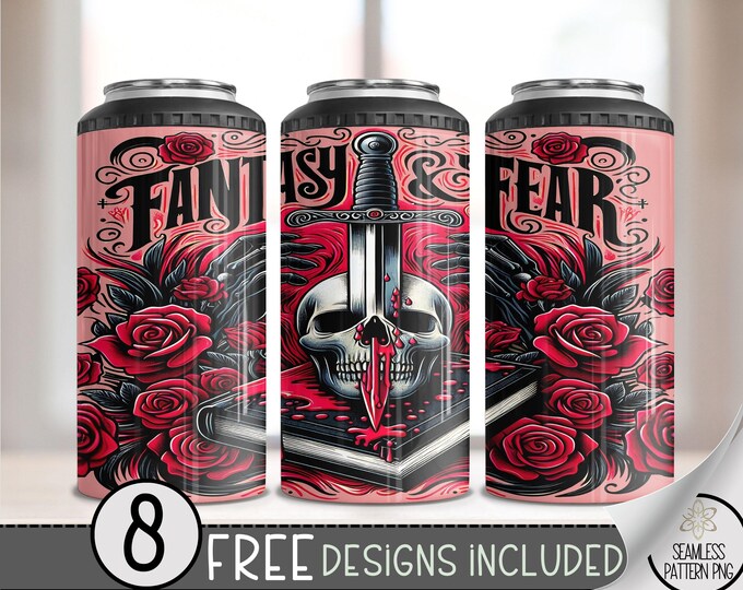 Fantasy Book 4 in 1 Can Cooler Wrap, Floral Skull 4in1 Tumbler PNG, Gothic Sword 16 Oz Can Cooler Sublimation Design, Rose Skull Wrap PNG