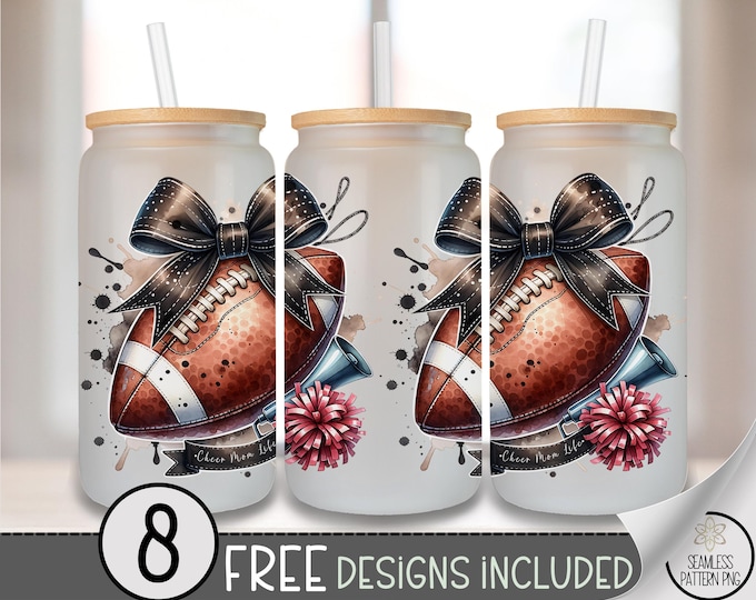 Cheer Mom Glass can wrap, Sporty 16oz glass tumbler sublimation design, digital download, Football Game Day PNG file A491
