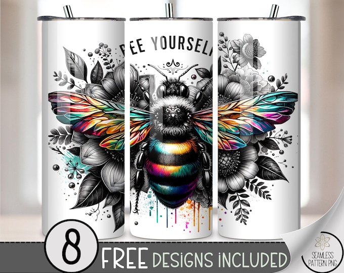 Bee Yourself 20 oz tumbler wrap: Rainbow Bumblebee Sublimation Design for Straight Tumblers, Positive Affirmation PNG Files A637
