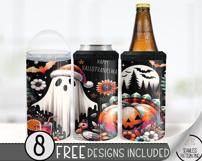 Happy Hallothanksmas Can Cooler Wrap, Xmas 16 oz 4-in-1 Cooler Sublimation,Cute Ghost 16Oz Tumbler Wrap, Hallothanksmas High Resolution Wrap