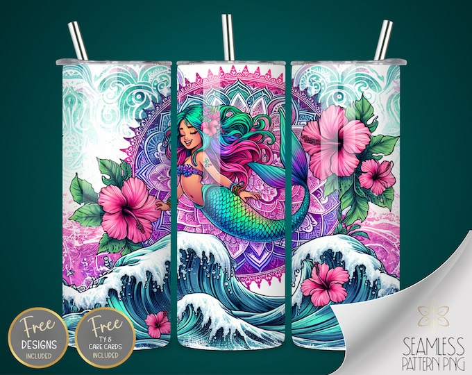 Mermaid tumbler wrap, Tropical Sublimation design, Hibiscus mandala tumbler wrap, Retro 80s tumbler wrap file, 20oz straight tumbler wrap