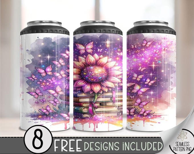 Sparkly Sunflower 4 in 1 Can Cooler Wrap, Neon 4in1 Tumbler PNG, Floral 16 Oz Can Cooler Sublimation Design, Glitter Butterflies 16 oz Wrap