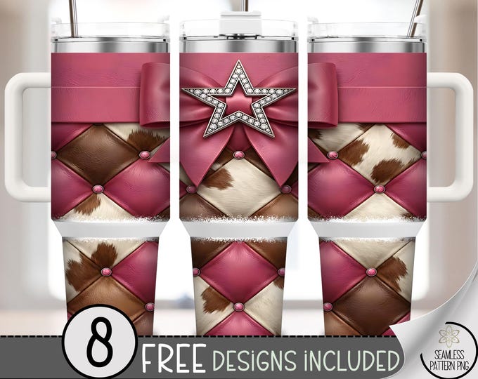 Coquette Bow PNG, Glamorous 40 Oz Tumbler Wrap, Cowhide Patchwork Sublimation Design, B985