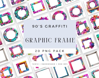 Digital 90's Neon Graffiti Graphic Frame PNG Bundle, Bright Rainbow Summer Splat Sublimation File, Spray Paint Canva Frame Pack, Commercial