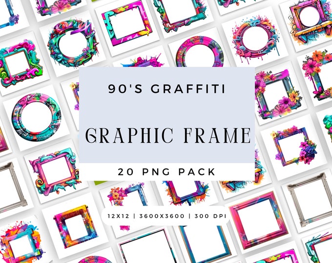 Digital 90's Neon Graffiti Graphic Frame PNG Bundle, Bright Rainbow Summer Splat Sublimation File, Spray Paint Canva Frame Pack, Commercial